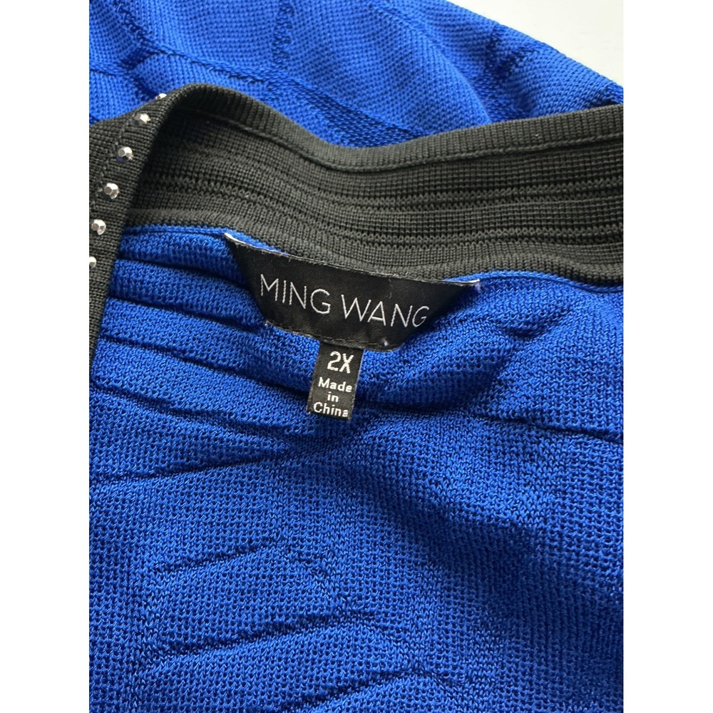 Ming Wang 2X Royal Blue Geometric Textured Studded Open Front Knit Cardigan - Picture 8 of 12